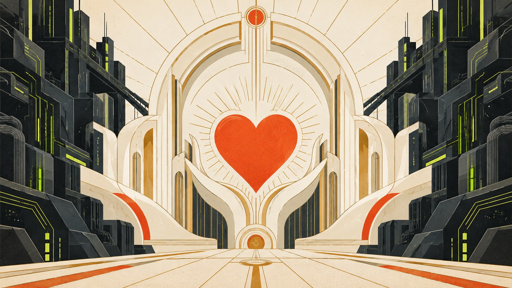 Art deco illustration of a glowing vermilion heart held in a white arched sanctuary, flanked by dark machine-like towers with green lights